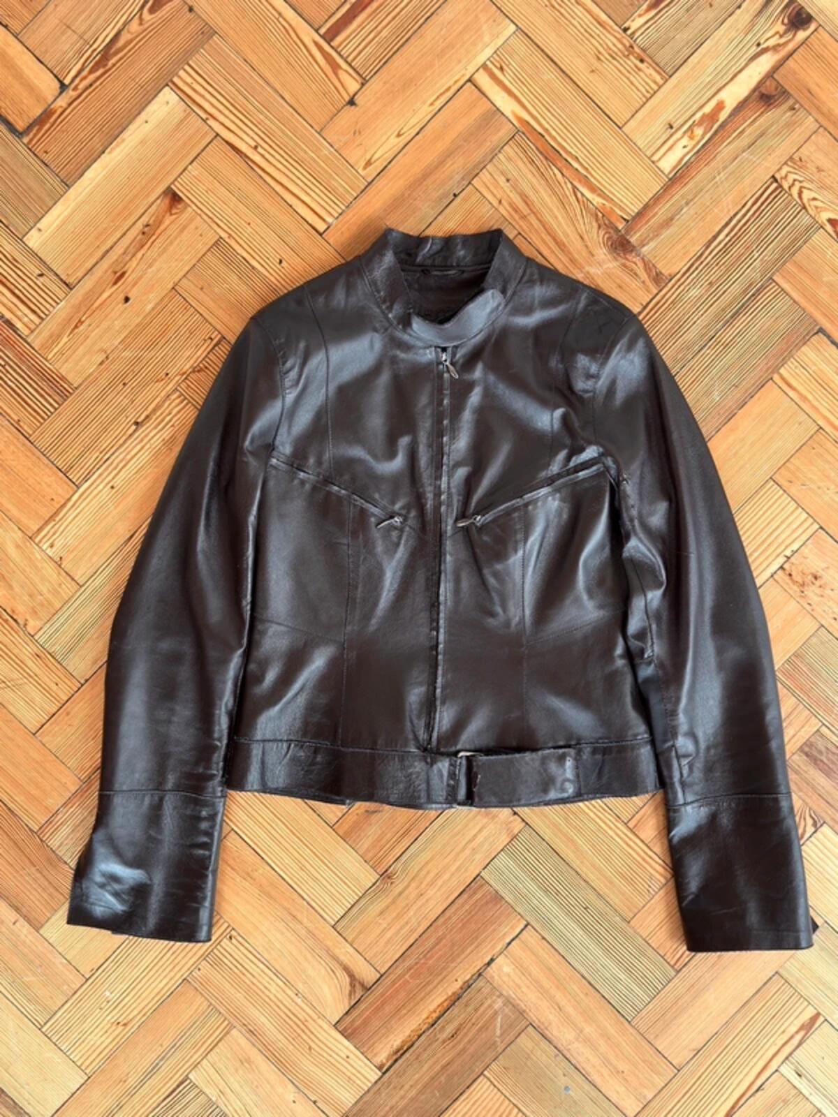 Y2K Brown Leather Biker Jacket Size 10
