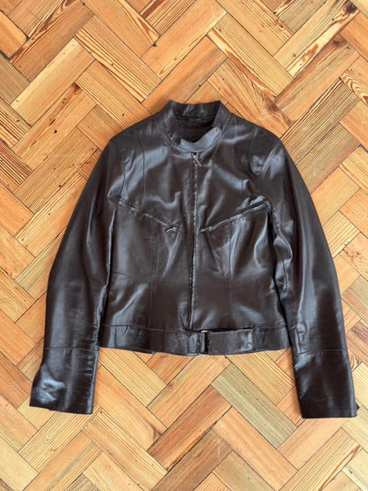 Y2K Brown Leather Biker Jacket Size 10