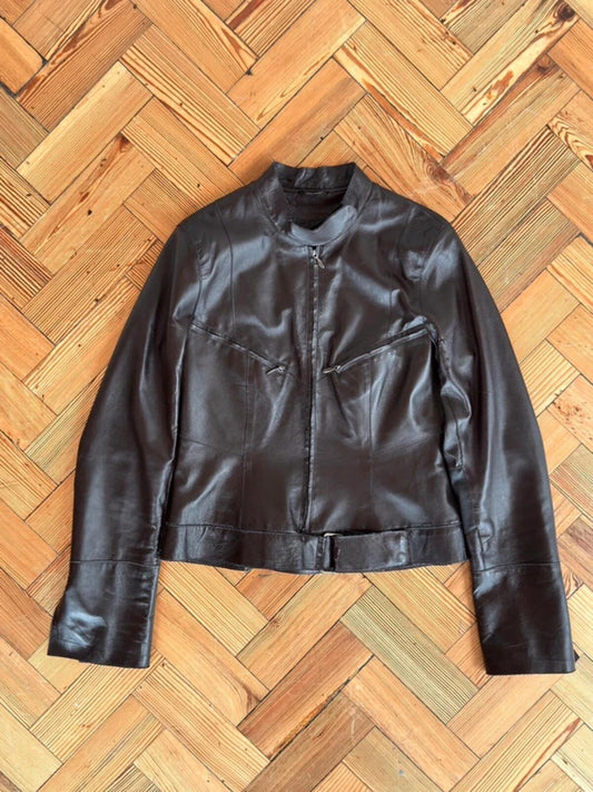 Y2K Brown Leather Biker Jacket Size 10