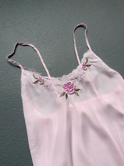 Y2K Pink Rose Embroidery Silk Slip Dress Babydoll XS