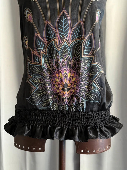 Y2K Halterneck Sleeveless Top Peacock Mandala Print Size 12