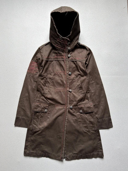 Y2K Brown Utility Parka Coat Size 8 Glitter Embroidery