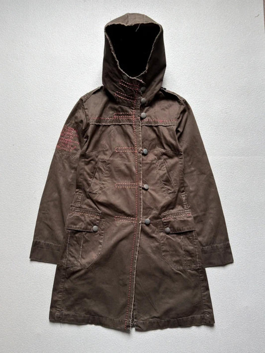 Y2K Brown Utility Parka Coat Size 8 Glitter Embroidery