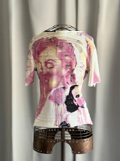 Y2K Abstract Face Print Top Pink Graphic Tee Embellished Festival Indie Large