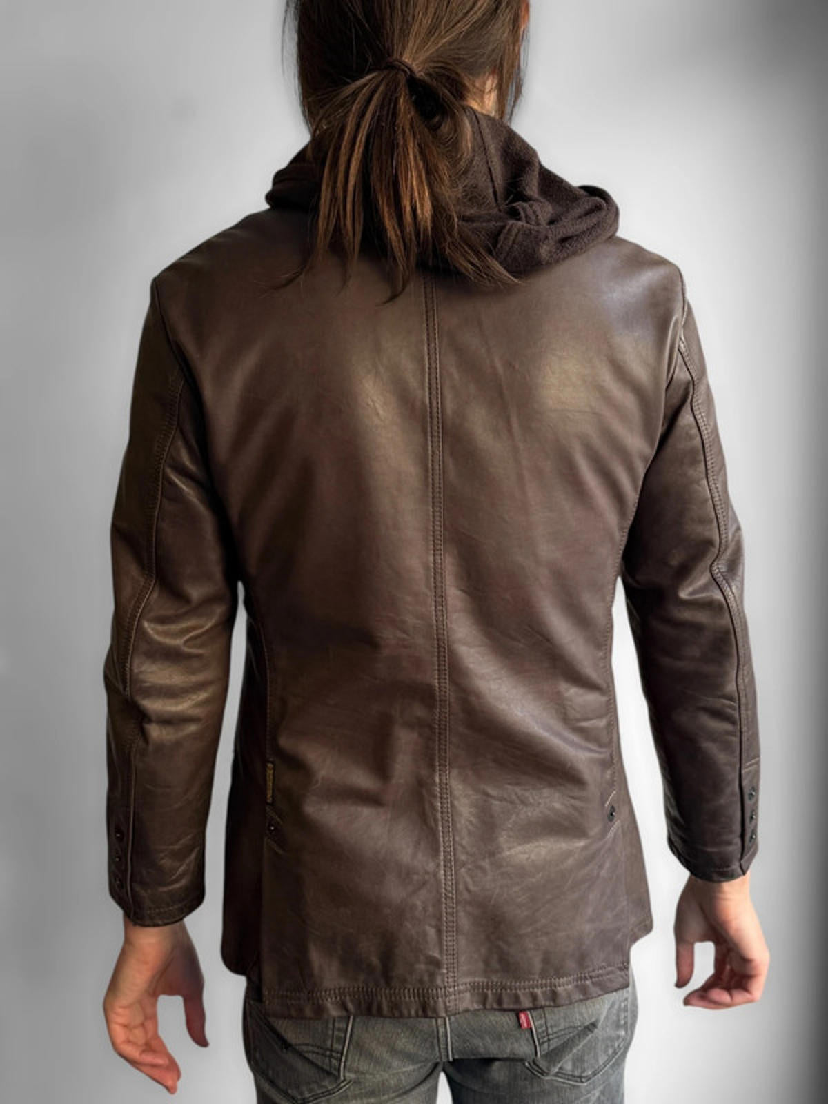 Armani Brown Leather Ladies Hooded Jacket Size 10