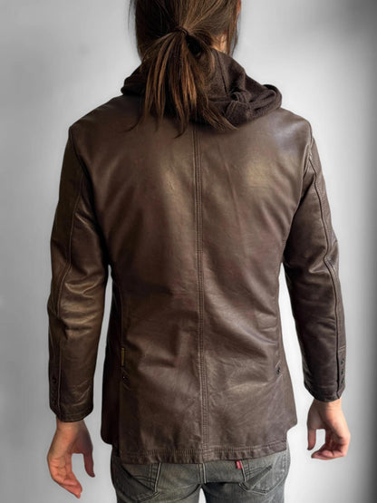 Armani Brown Leather Ladies Hooded Jacket Size 10