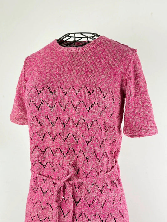 1960s Cotton Hand Knit Birdseye Pattern Dress Small