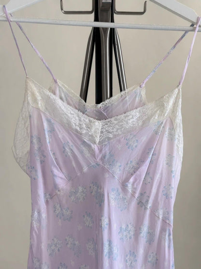 Y2K Lilac Silky Babydoll Slip Dress Floral Lace Medium