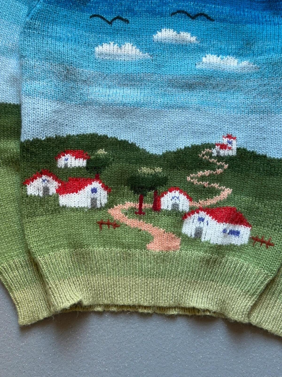 Vintage Sea Country Scene Hand Knit Sweater Small Ladies