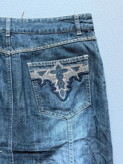 Y2K Share Tribal Embroidered Front Button Denim Skirt Size 16