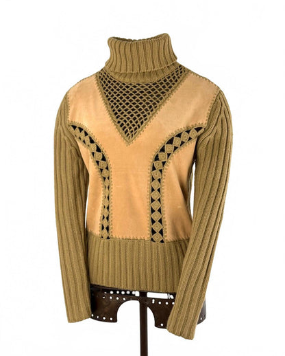 Vintage Knit Suede Panel Turtleneck Sweater Medium