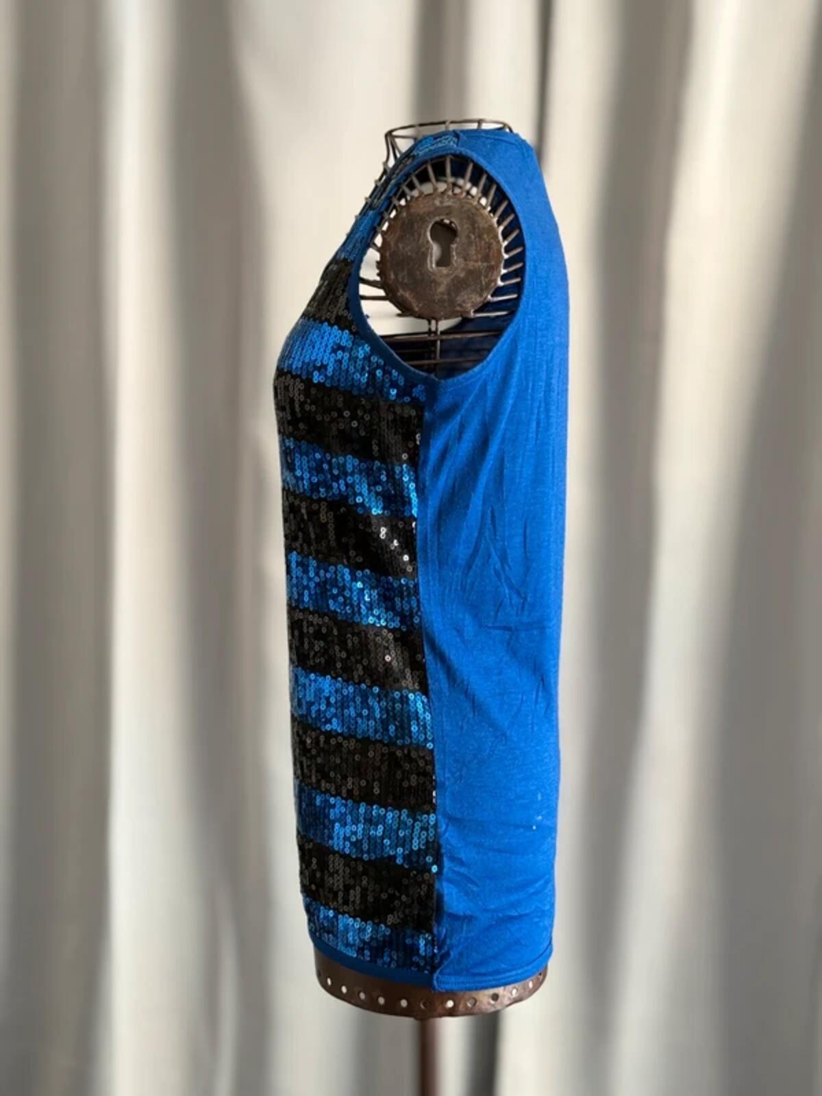 Y2K Indie Striped Sequin Vest Small Black & Blue