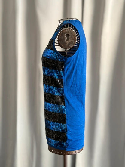 Y2K Indie Striped Sequin Vest Small Black & Blue