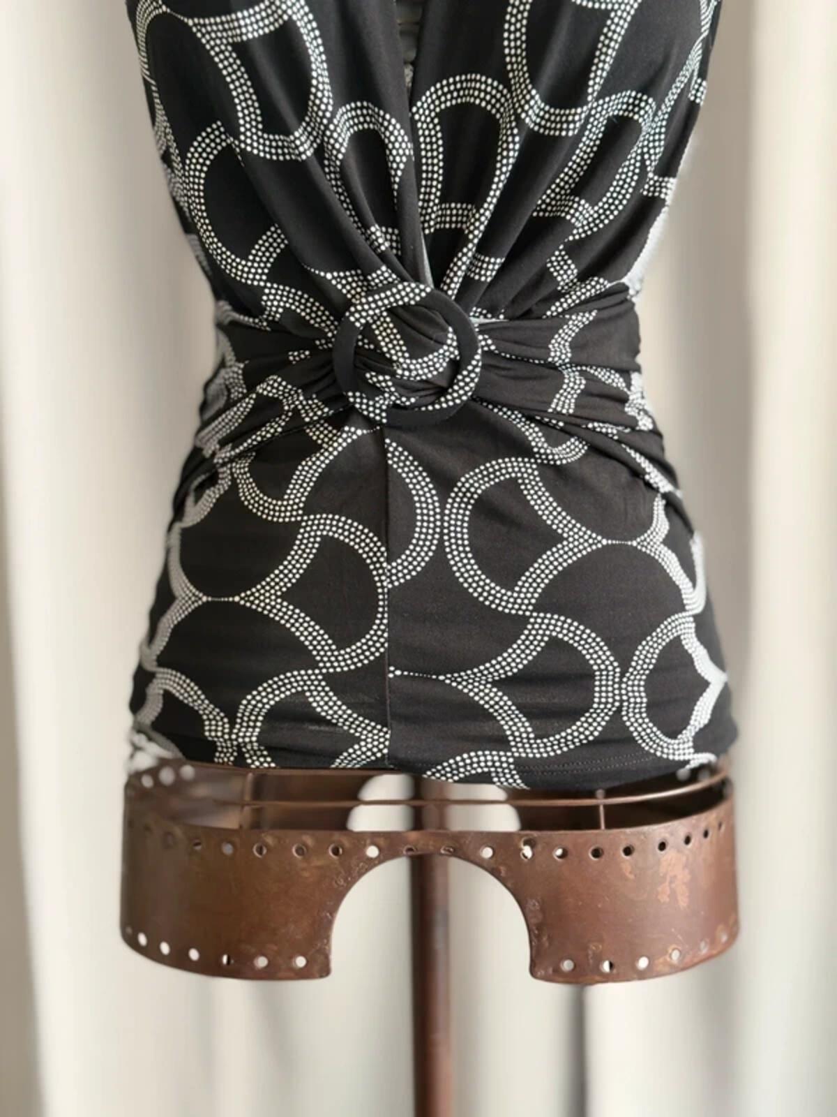 Y2K Black White Geometric Sleeveless Top Ring Detail Stretch Large