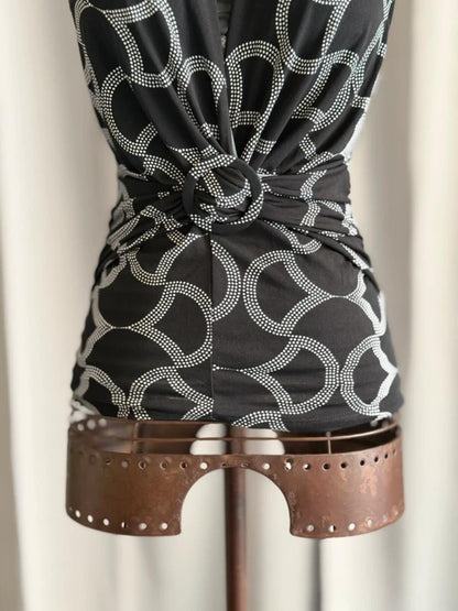 Y2K Black White Geometric Sleeveless Top Ring Detail Stretch Large