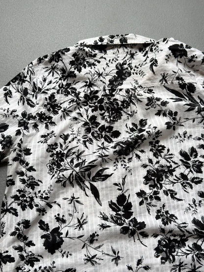 Vintage Black & White Floral Boxy Blouse Shirt Ladies XL