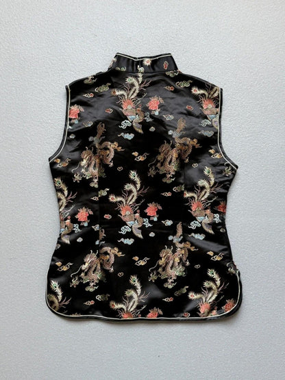 Y2K Black Dragon Phoenix Geisha Top 100% Silk Medium