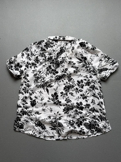 Vintage Black & White Floral Boxy Blouse Shirt Ladies XL