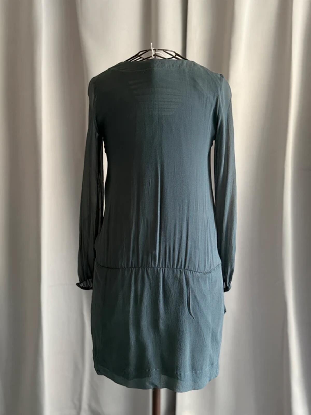 Gaudi 100% Silk Blue Grey Long Sleeve Mini Dress Tie Front Boho Casual Size 14