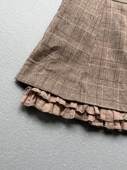 Vintage Y2K Brown Plaid Mini Skirt Ruffle Hem 30”