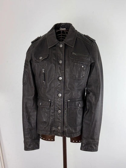 Leather Utility Jacket Brown Size 16 Y2K