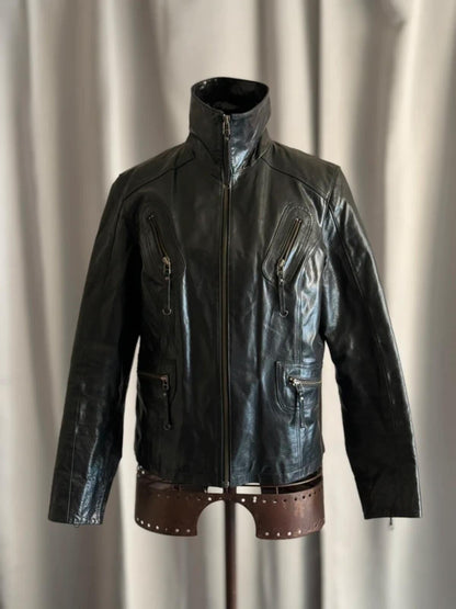 Vintage Black Leather Moto Jacket Medium Biker Y2K Zip Detail Grunge
