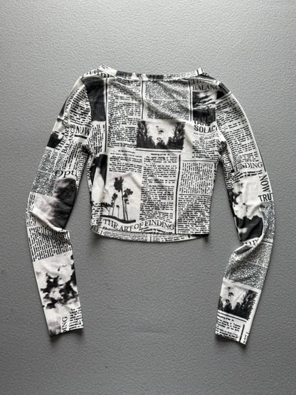 Y2K Style Mesh Long Sleeve Print Crop Top XS