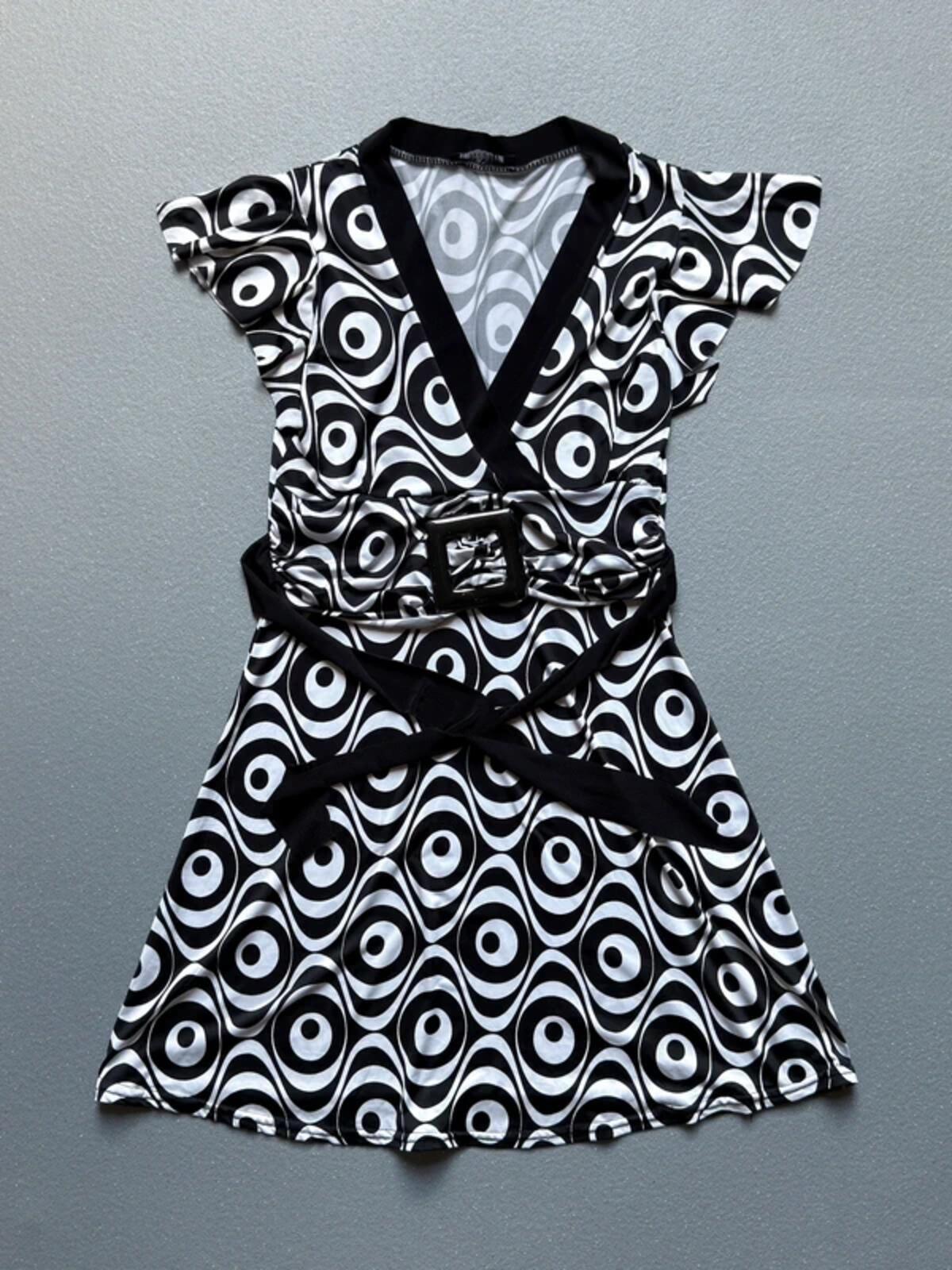 Y2K B&W Belt Buckle Psychedelic Dress