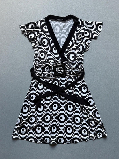 Y2K B&W Belt Buckle Psychedelic Dress