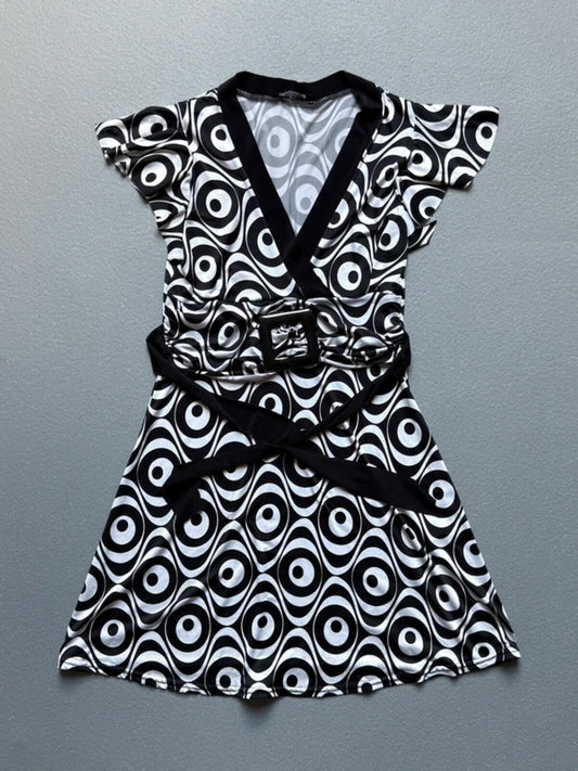 Y2K B&W Belt Buckle Psychedelic Dress