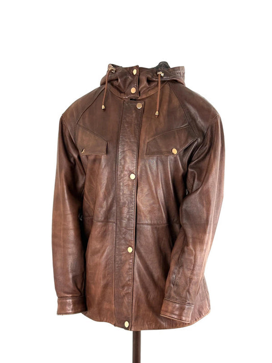 Derimod Hooded Brown Leather Jacket Large