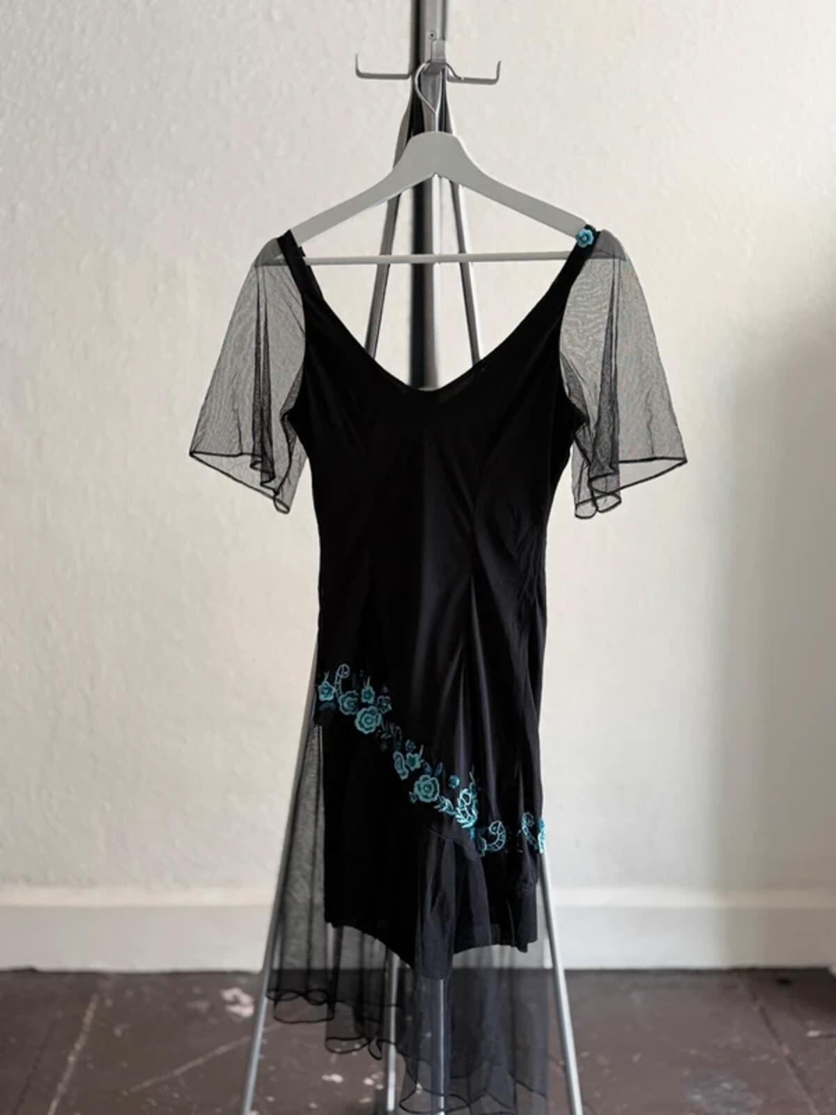 Floral Patch Embroidery Fairy Mesh Sleeve Dress UK 12
