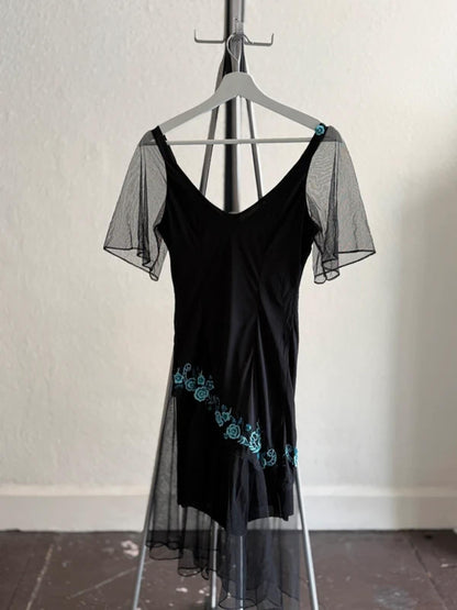 Floral Patch Embroidery Fairy Mesh Sleeve Dress UK 12