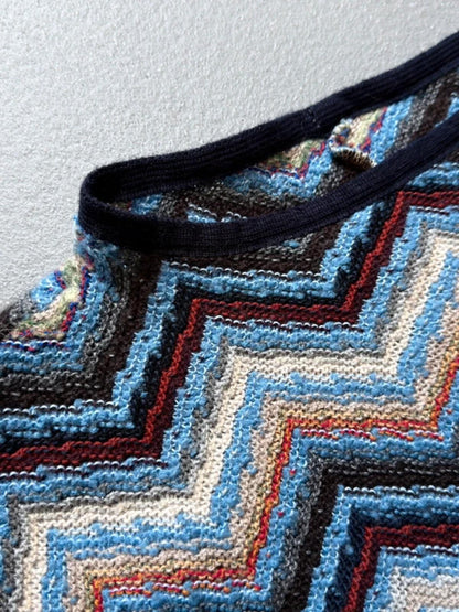 Vintage 70s Hand Knit Zig Zag Print Sweater XL