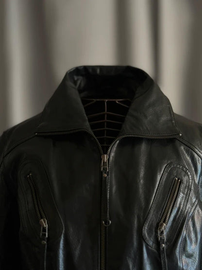 Vintage Black Leather Moto Jacket Medium Biker Y2K Zip Detail Grunge