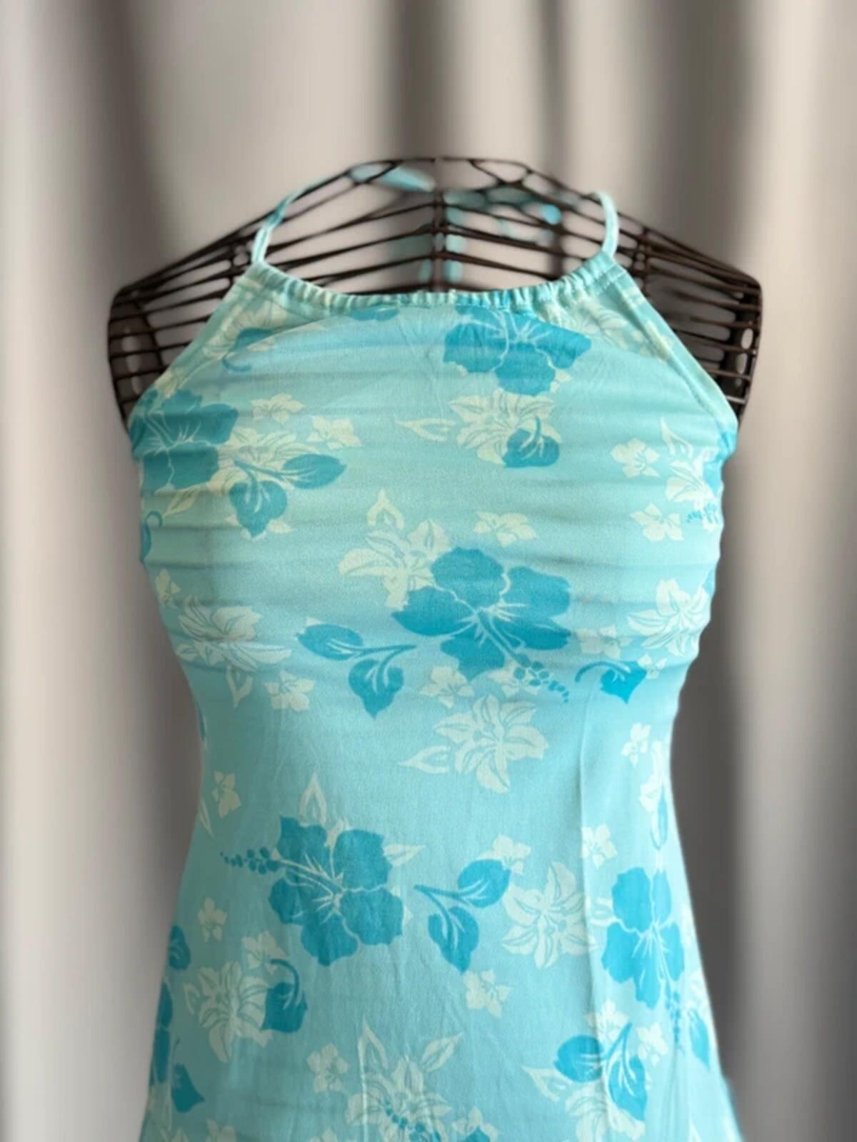 Y2K Blue Hawaiian Floral Halterneck Mini Dress Tropical Summer Beach XS