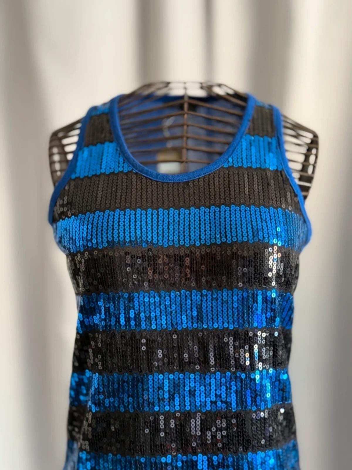 Y2K Indie Striped Sequin Vest Small Black & Blue