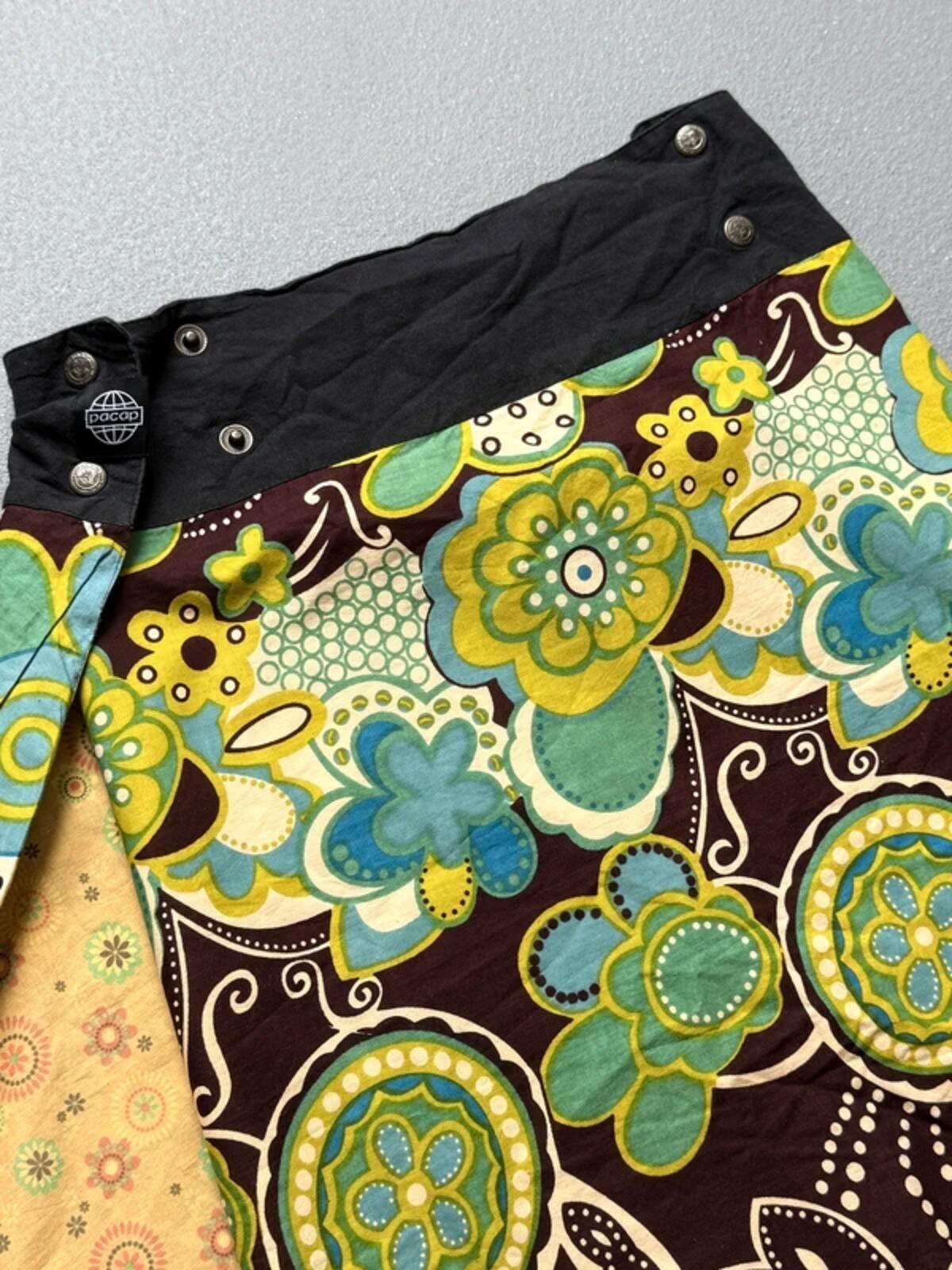 Y2K Brown & Green Floral Cotton Wrap Skirt One Size
