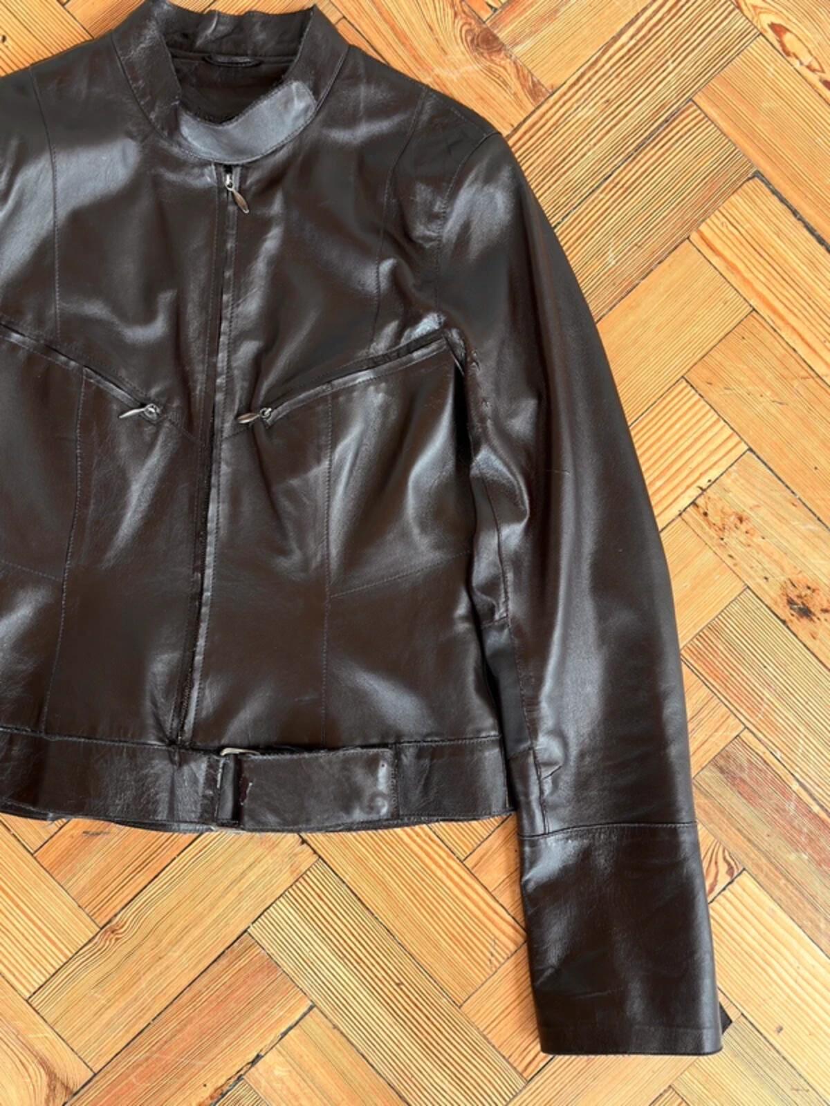 Y2K Brown Leather Biker Jacket Size 10