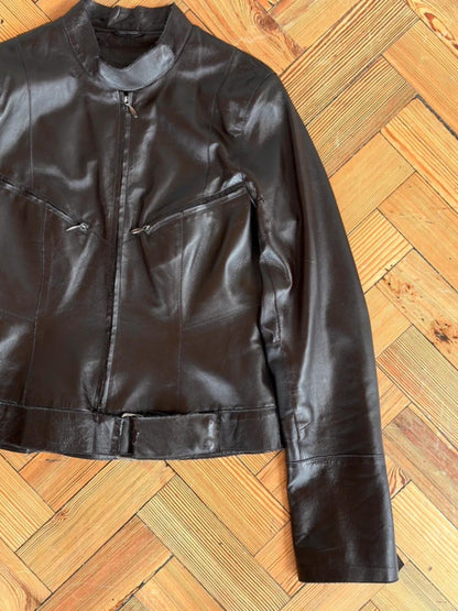 Y2K Brown Leather Biker Jacket Size 10