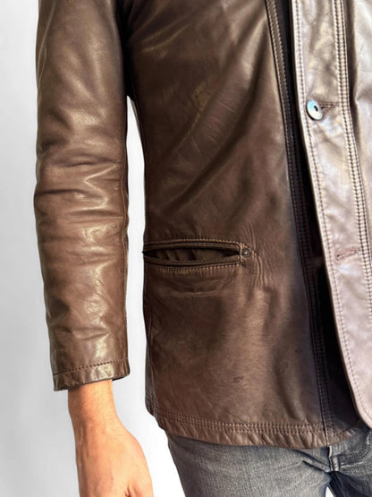 Armani Brown Leather Ladies Hooded Jacket Size 10