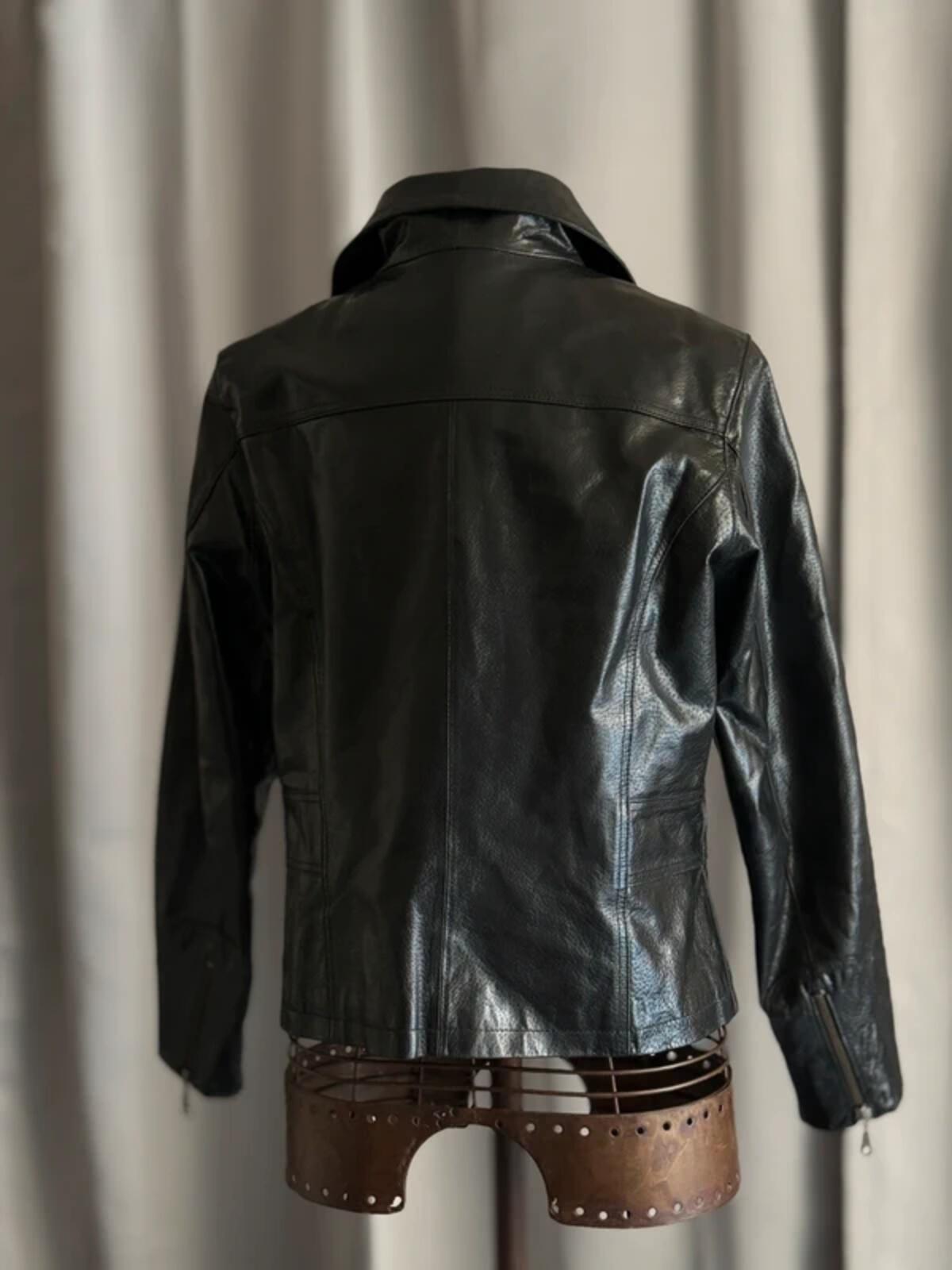 Vintage Black Leather Moto Jacket Medium Biker Y2K Zip Detail Grunge