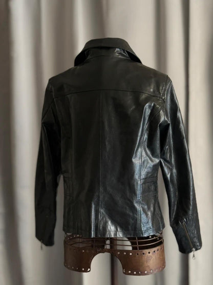 Vintage Black Leather Moto Jacket Medium Biker Y2K Zip Detail Grunge