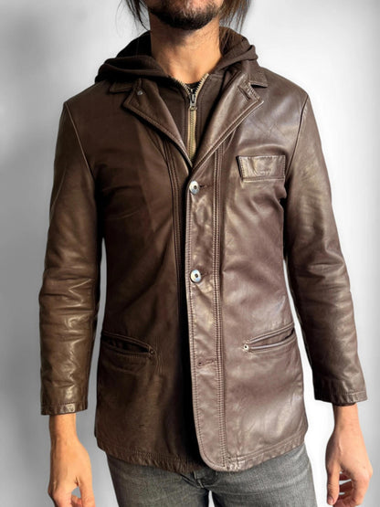 Armani Brown Leather Ladies Hooded Jacket Size 10