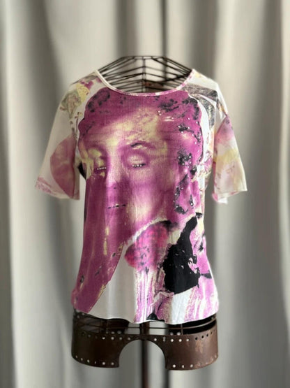Y2K Abstract Face Print Top Pink Graphic Tee Embellished Festival Indie Large
