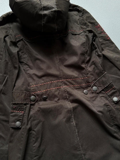 Y2K Brown Utility Parka Coat Size 8 Glitter Embroidery
