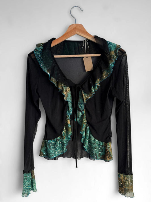 Y2K Mesh Paisley Sequin Cardigan Top Small