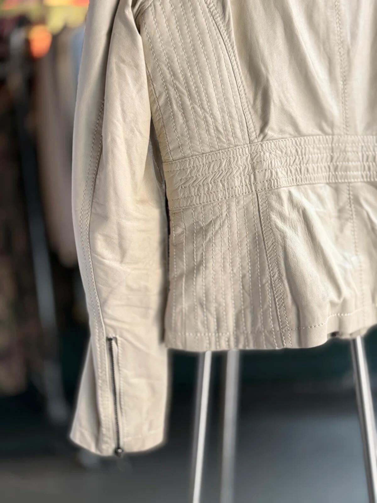 Y2K Cream Leather Bomber Biker Jacket Large