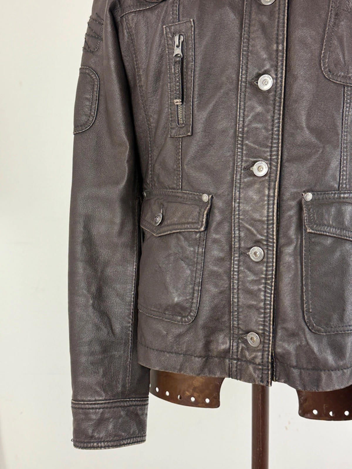 Leather Utility Jacket Brown Size 16 Y2K