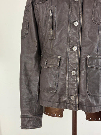 Leather Utility Jacket Brown Size 16 Y2K